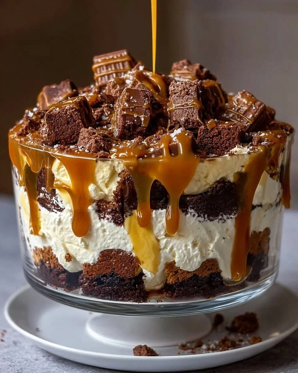 Trifle au cheesecake au caramel salé et brownie