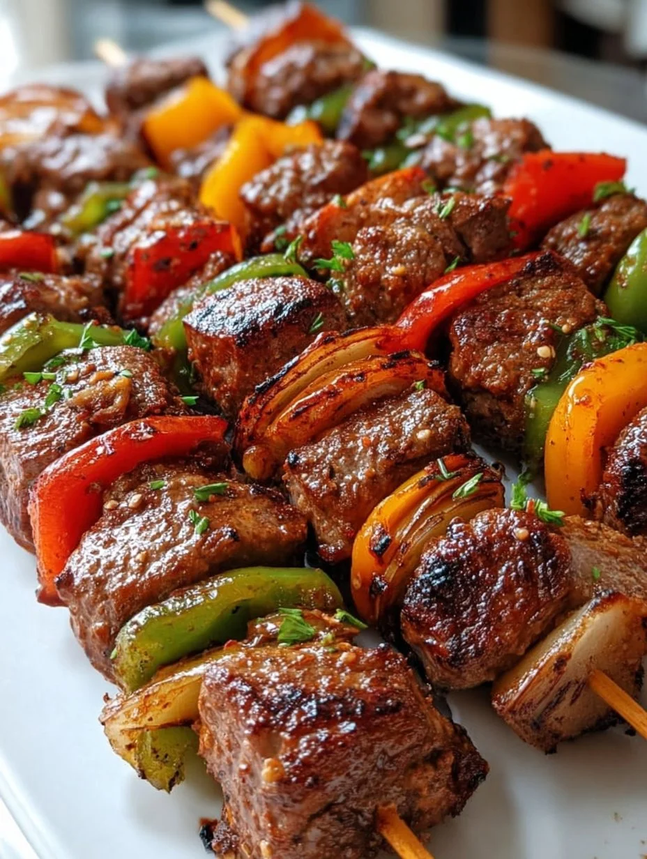 Grilled beef skewers with peppers