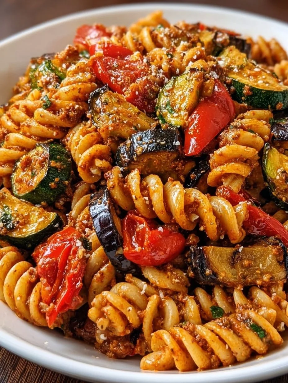 Pasta with grilled vegetables and homemade red pesto