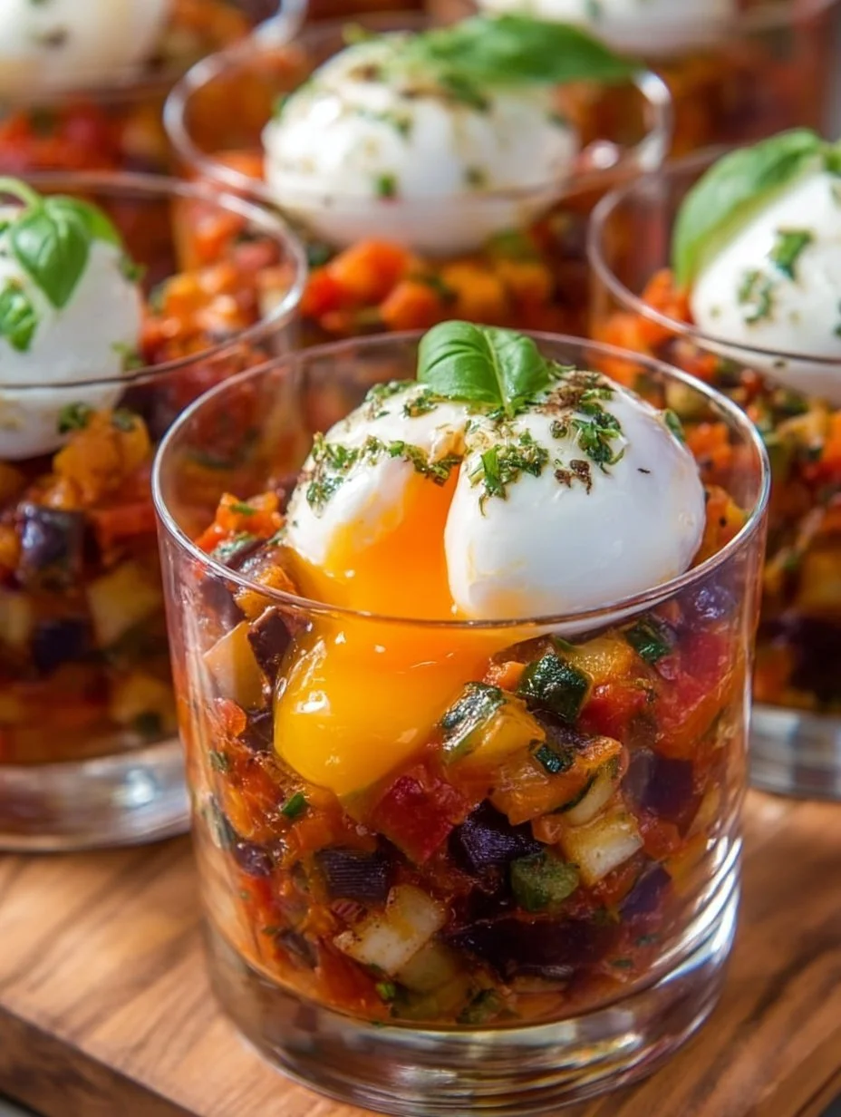 Ratatouille avec œuf mollet et basilic façon verrine