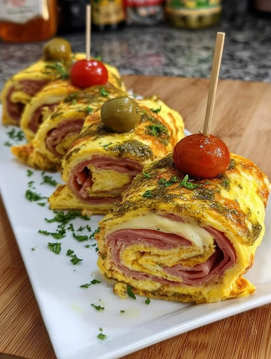 Roulés d’omelette au pesto, jambon et fromage