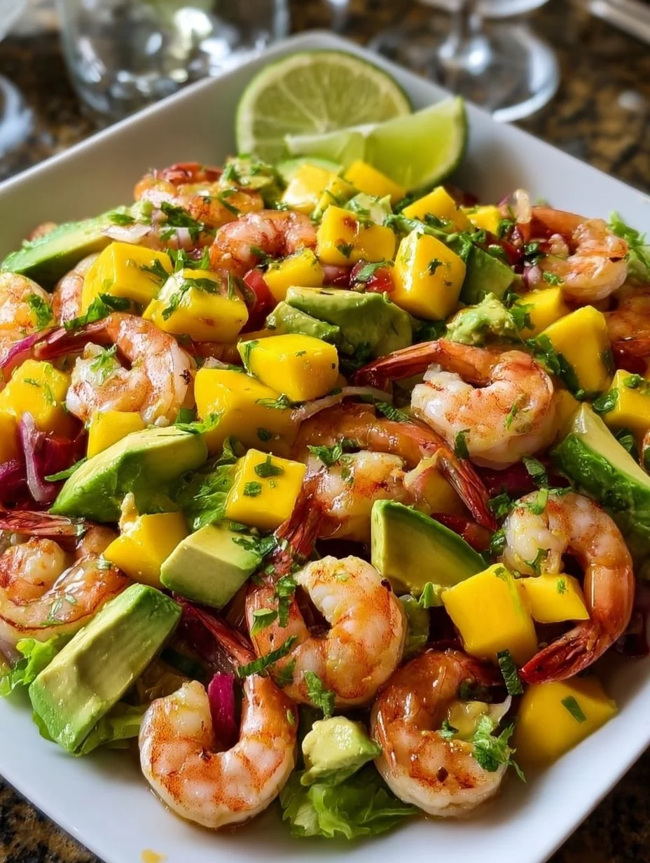 Salad with shrimp, avocado, fresh mango, and colorful ingredients
