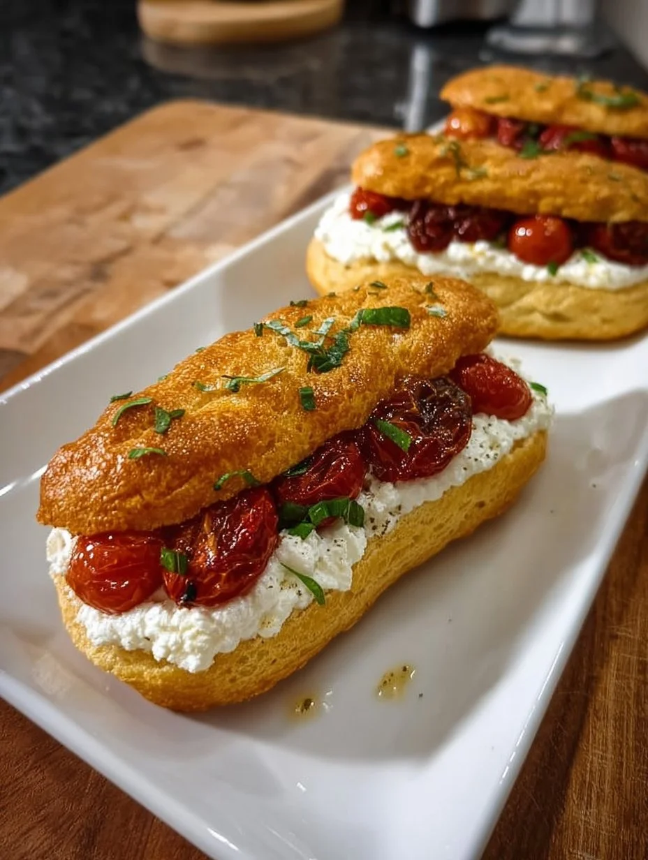 Éclair salé burrata et tomate confite