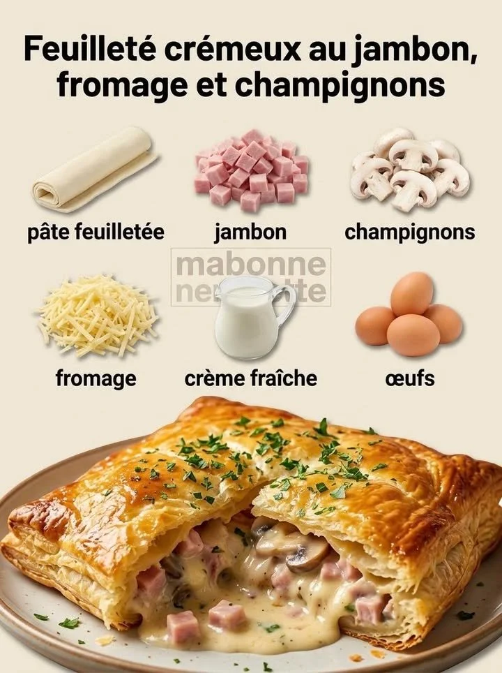 Feuilleté crémeux au jambon, fromage et champignons