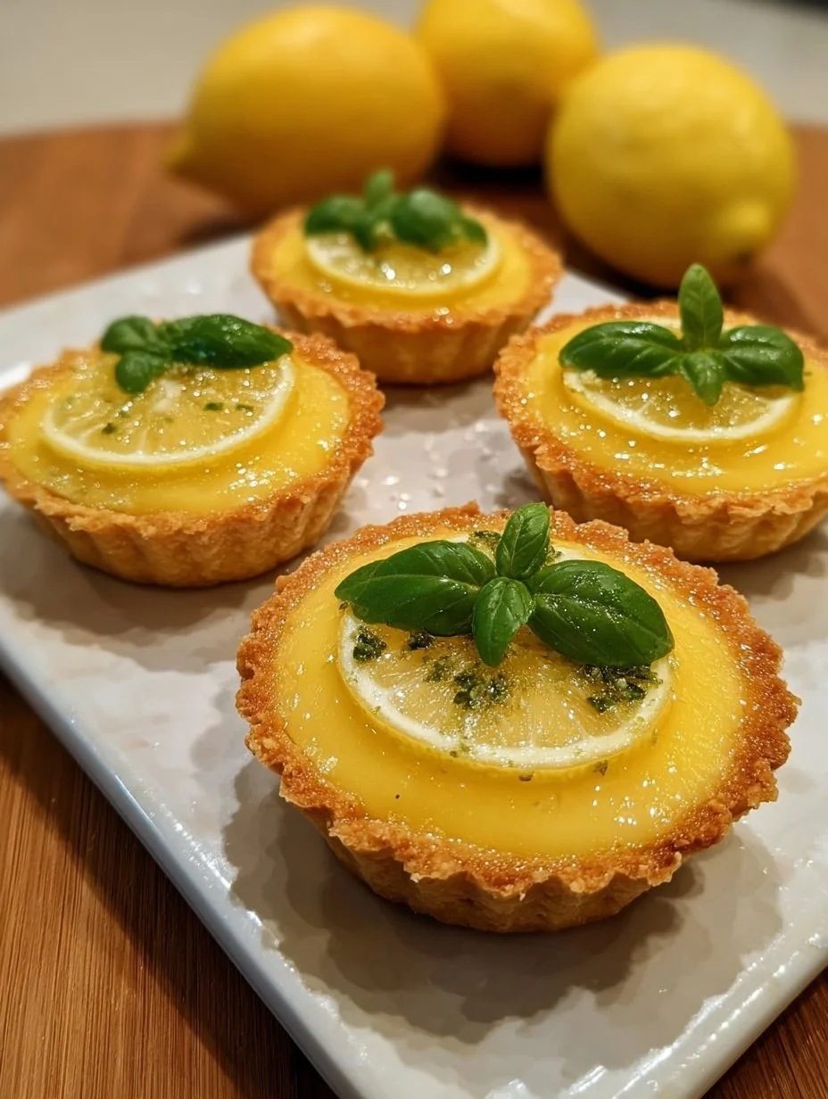 Mini lemon tarts, olive oil and basil