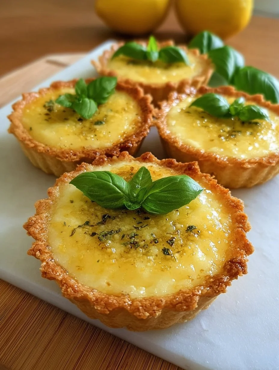 Mini lemon tarts, olive oil, and basil