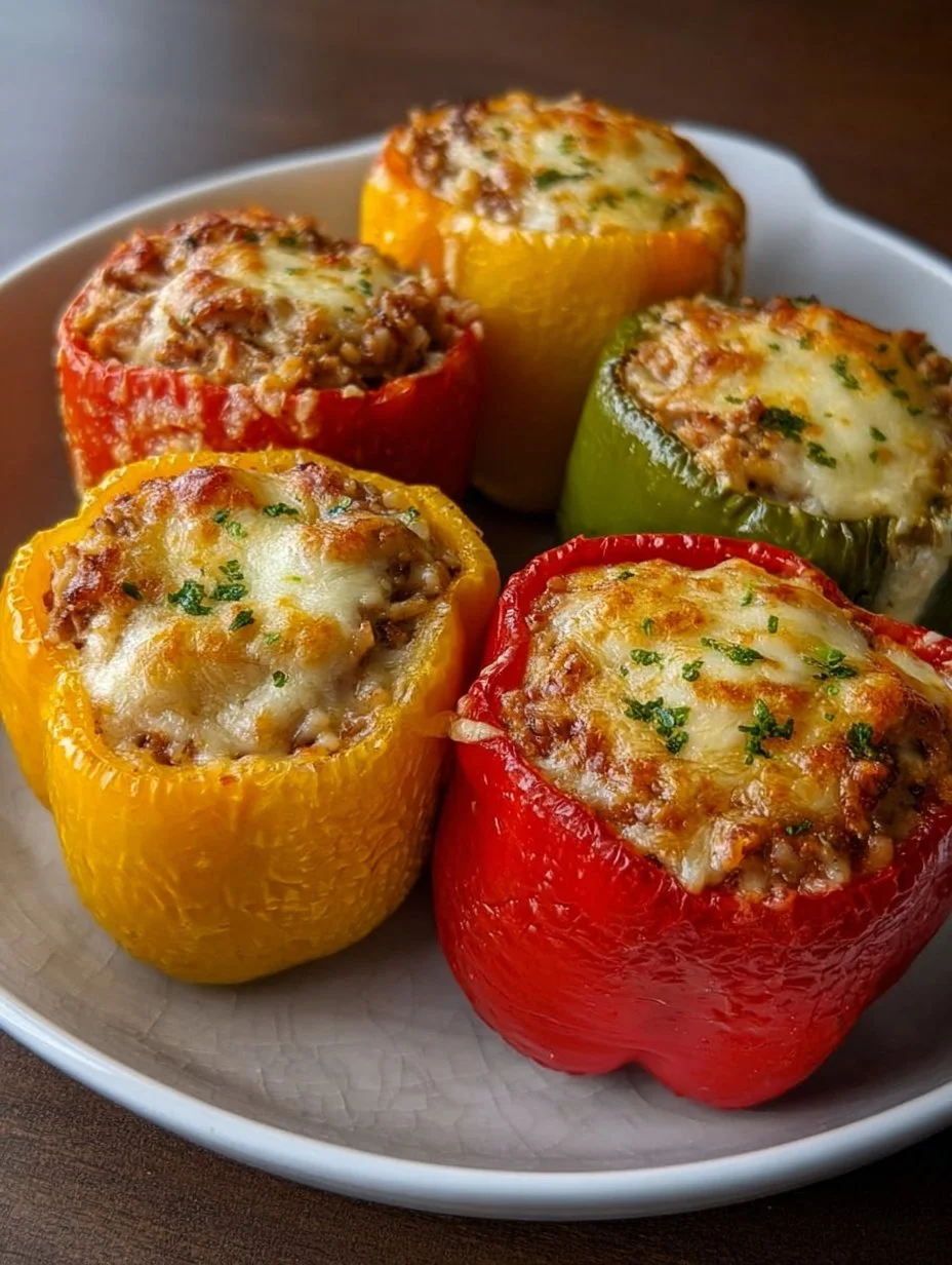 Poivrons farcis au thon, riz et fromage gratiné