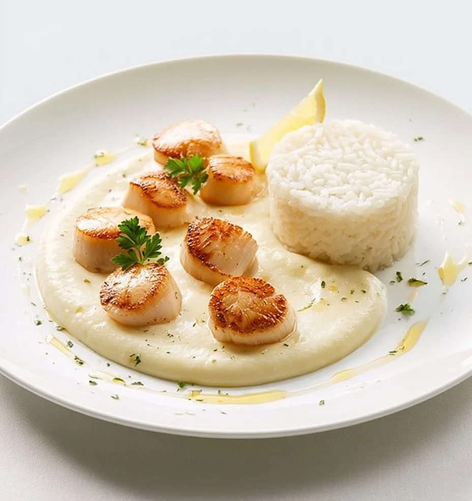 Noix de Saint-Jacques, purée de céleri et sauce crémeuse au citron