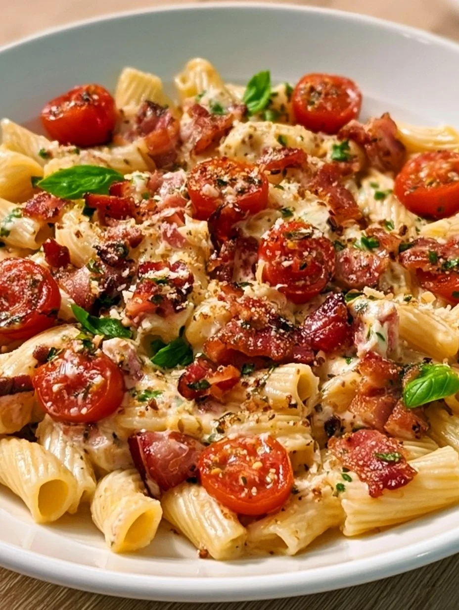 Pâtes au Boursin, au bacon et aux tomates
