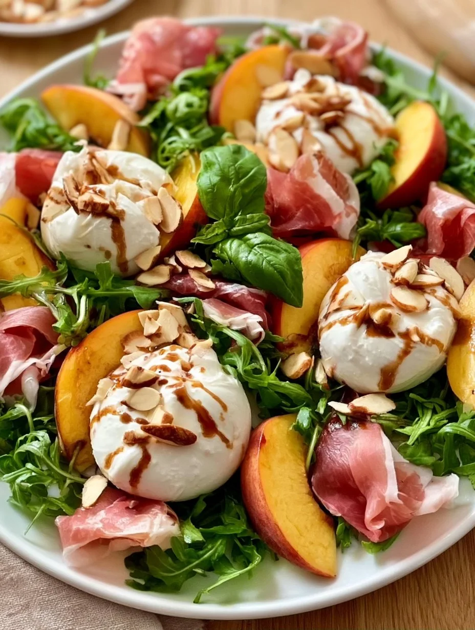 Salade de pêches, burrata, jambon cru et roquette