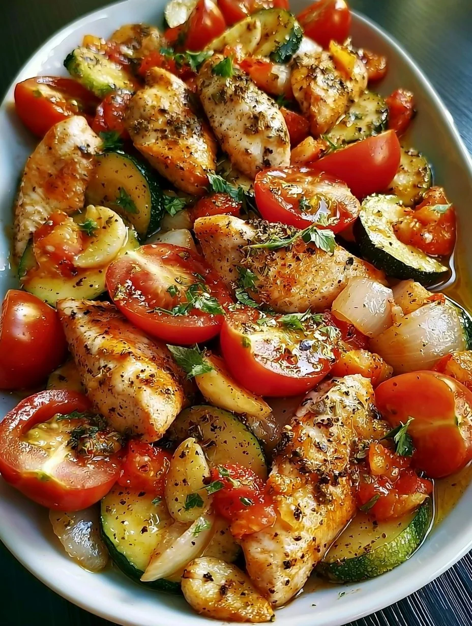 Sliced chicken with zucchini and tomatoes easy and quick