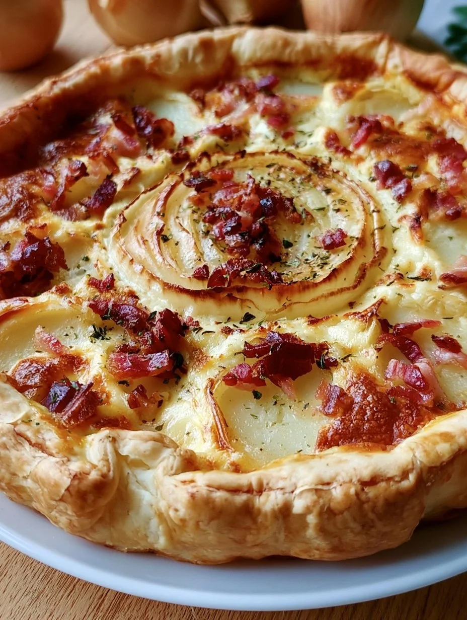 Tarte à l’oignon, pommes de terre & reblochon